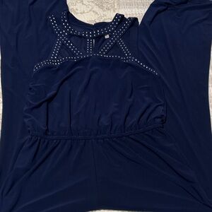 Spense Midnight Blue Dressy Jumpsuit with Embellished Neckline
